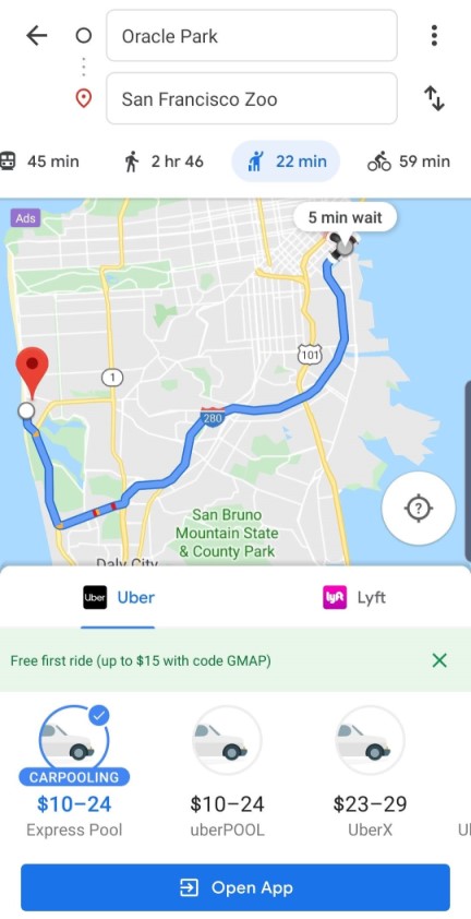 Example screenshot of Google Mapp App, showing how Lyft and Uber are integrated within the App