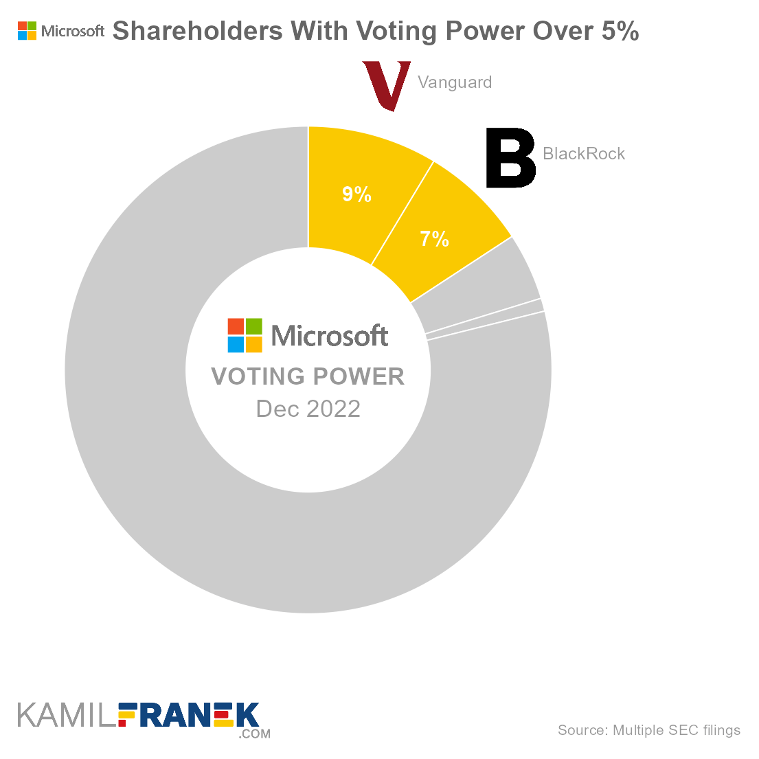 Microsoft largest shareholders by share ownership and vote control (donut chart)