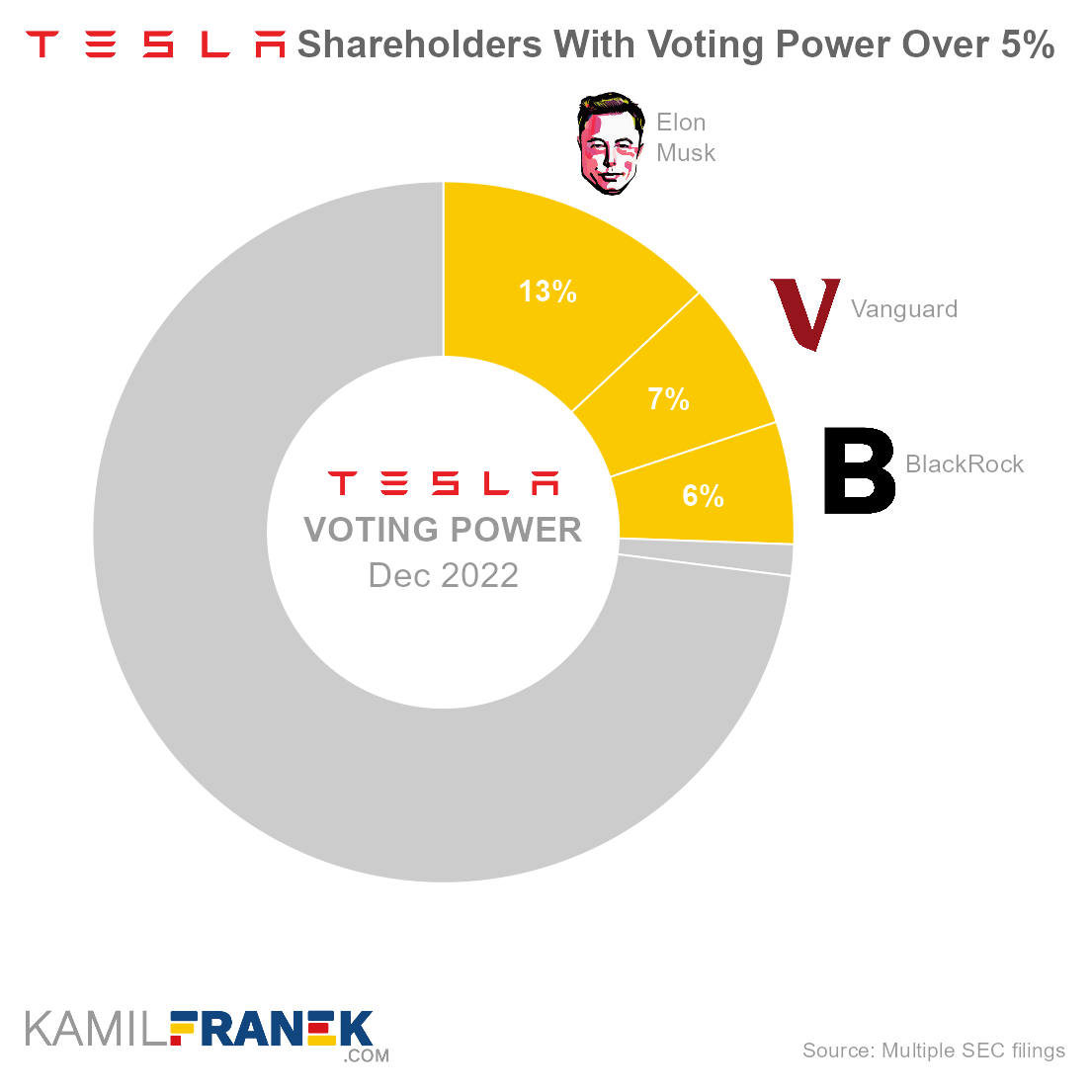 Tesla largest shareholders by share ownership and vote control (donut chart)